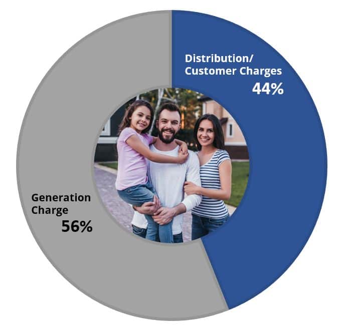 Pie Chart showing Generation Charge is 56% and Distribution/Customer Charges is 44%